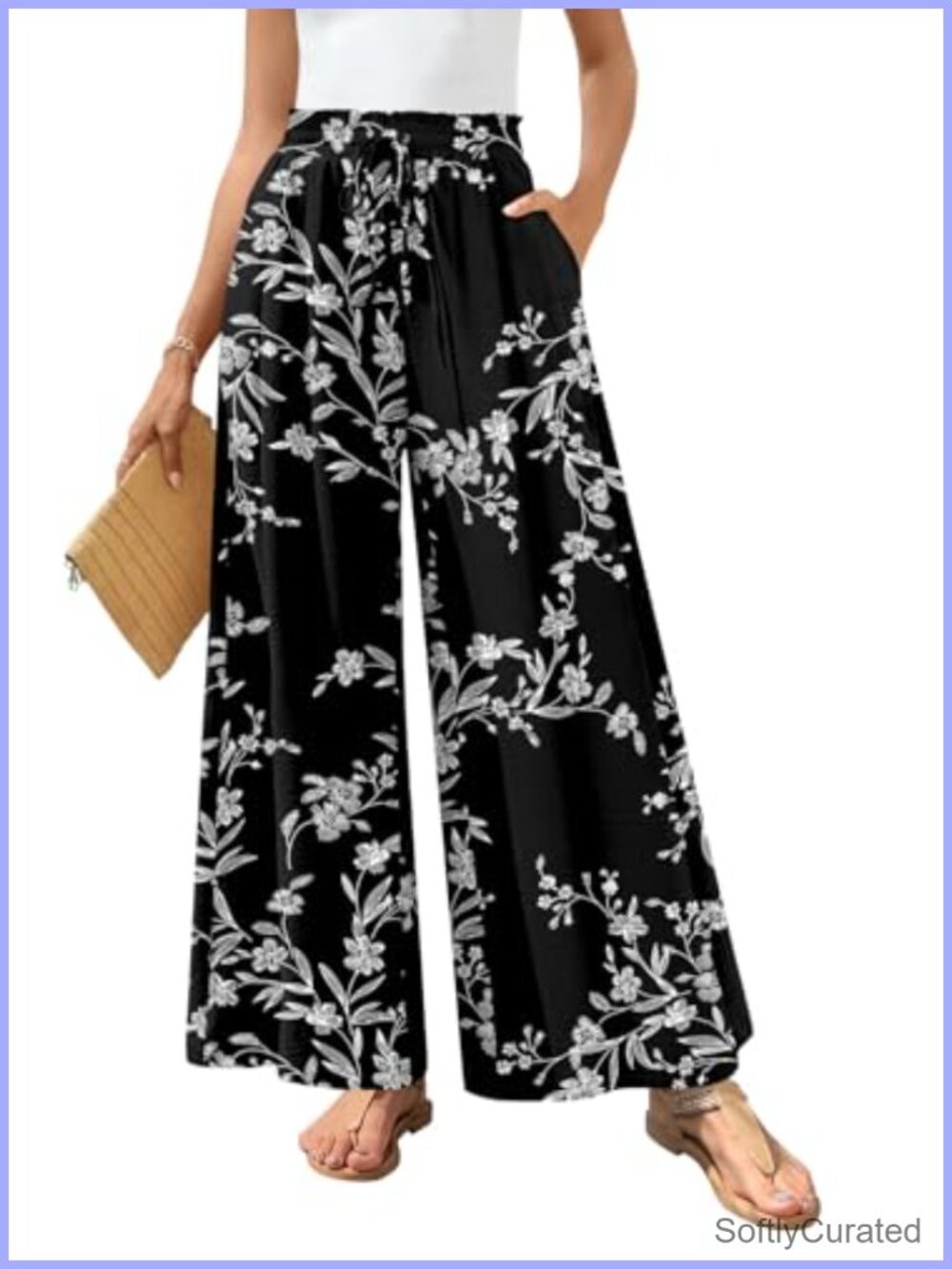 Wide Leg Palazzo Pants Drawstring High Waist Flowy Beach Vacation